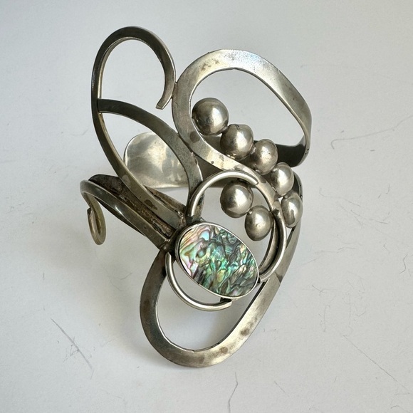 Vintage Abalone Shell Bracelet Artisan Freeform Silver Large Cuff MCM Modernist - Picture 12 of 16